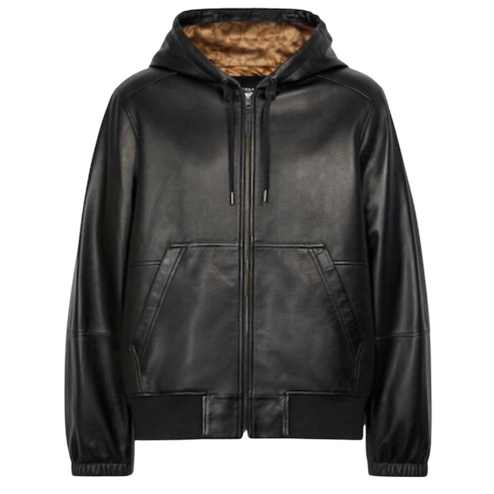 Coach Men's Black Lamb Leather Hooded Jacket (Size L)